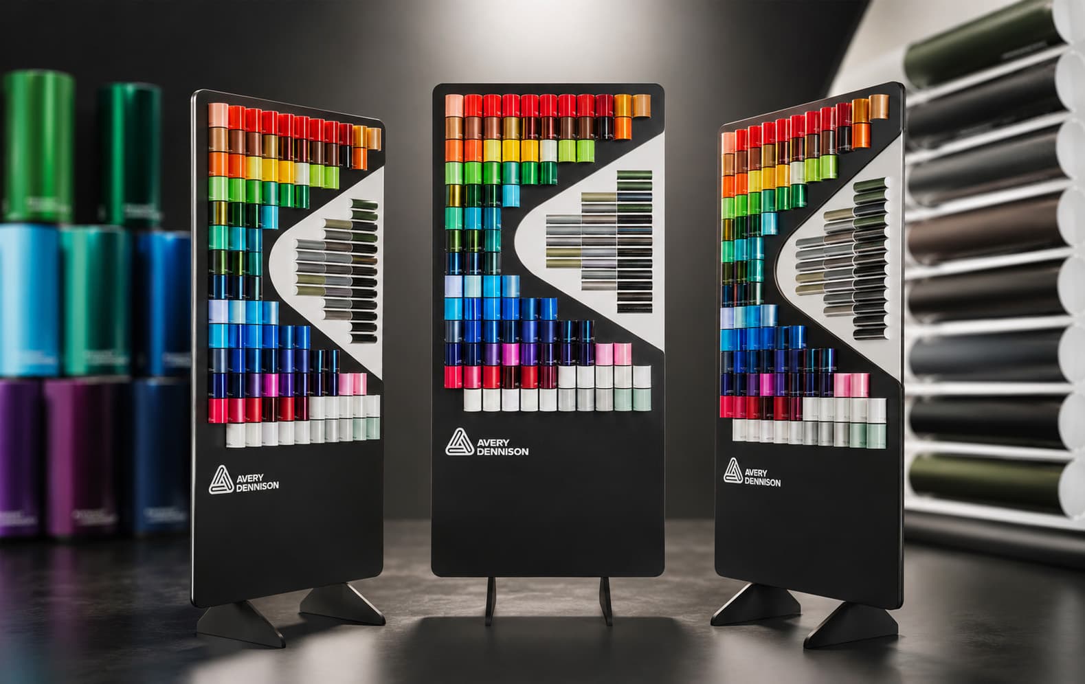 Avery Dennison Vehicle Wrapping Films Display Board i tre vyer — golvstativ med swatch-bok