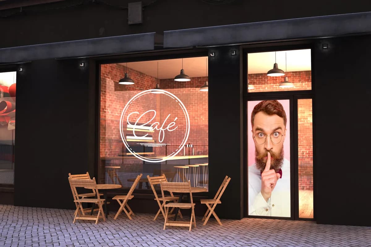 tryckt dekor på ett kafés dörr och fönster